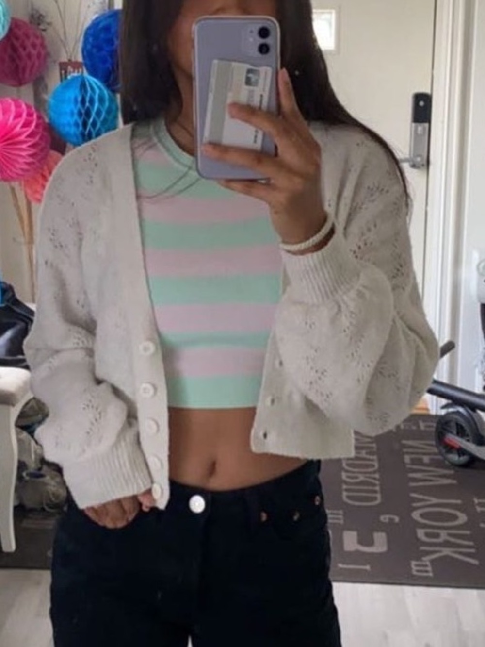 Striped Pastel Crop Top with Cream Knit Cardigan
